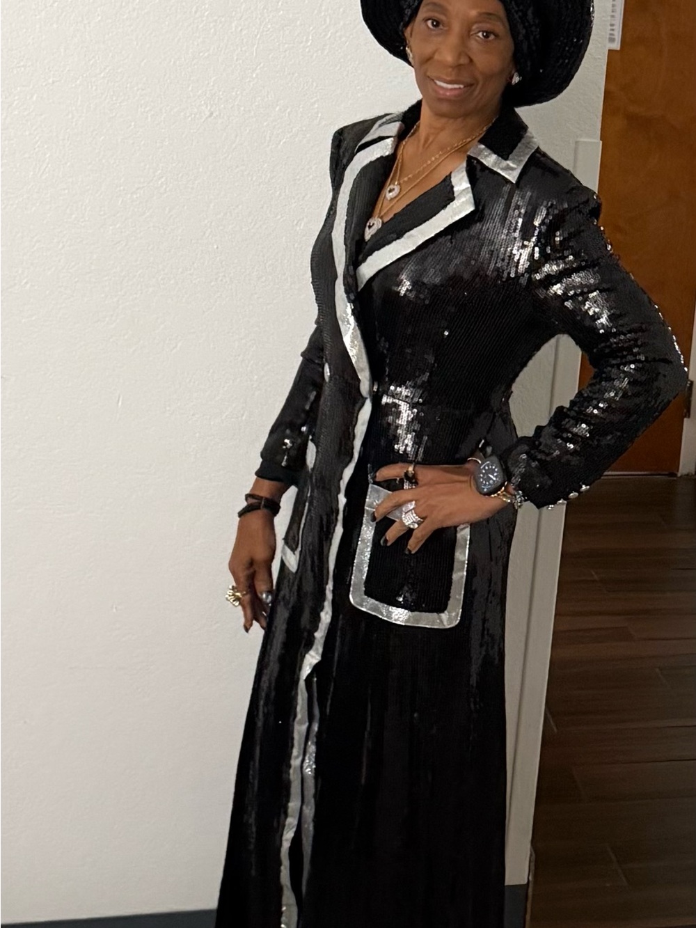 Black Sequin Long Dress with Silver Trim